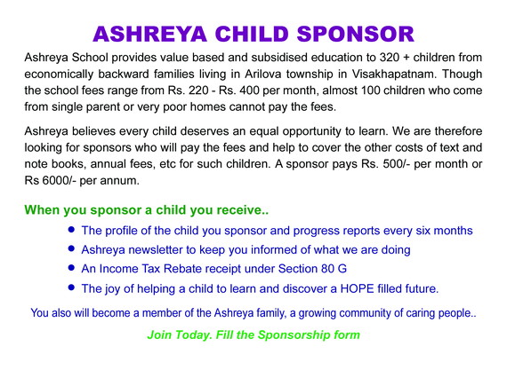 Sponsor an Ashreya child today!