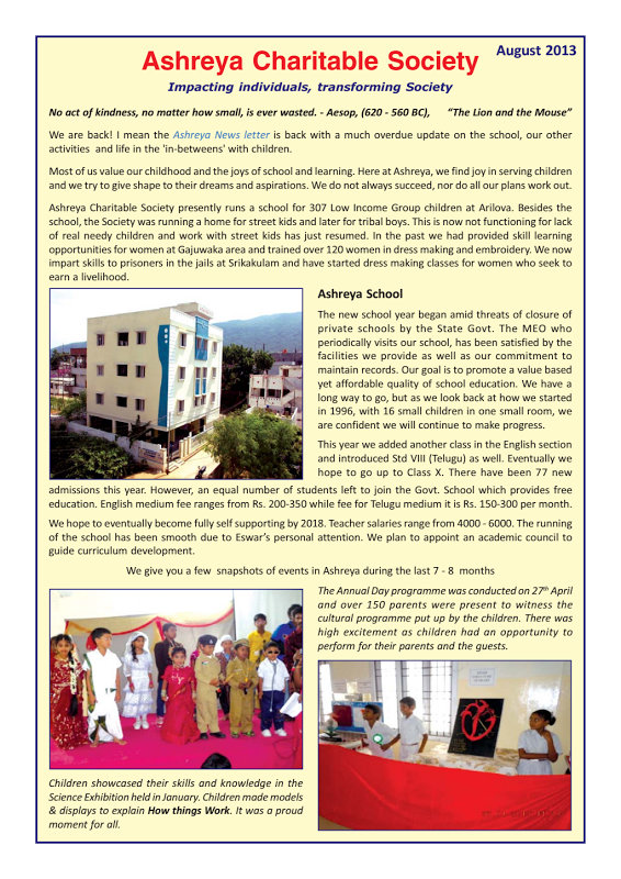 Ashreya Newsletter - Aug 2013